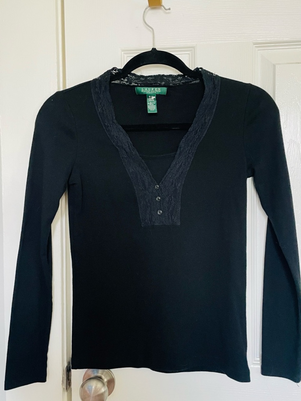 Ralph Lauren Black Lace-Trim Long Sleeve Henley Top